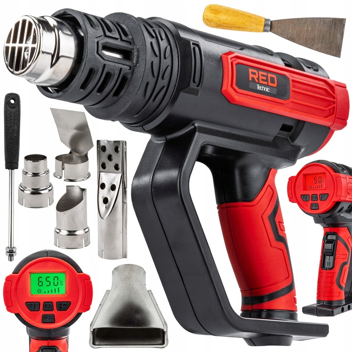 Red Technic elektromos hőlégfúvó pisztoly, 2200W, 50-650C, 5 fúvókás készlet, LCD