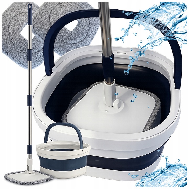 Set mop rotativ 360° cu galeata pliabila, 2 lavete microfibra, maner telescopic 130 cm, sistem stoarcere si autocuratare, Silicon si microfibra, culoare Gri-Bej