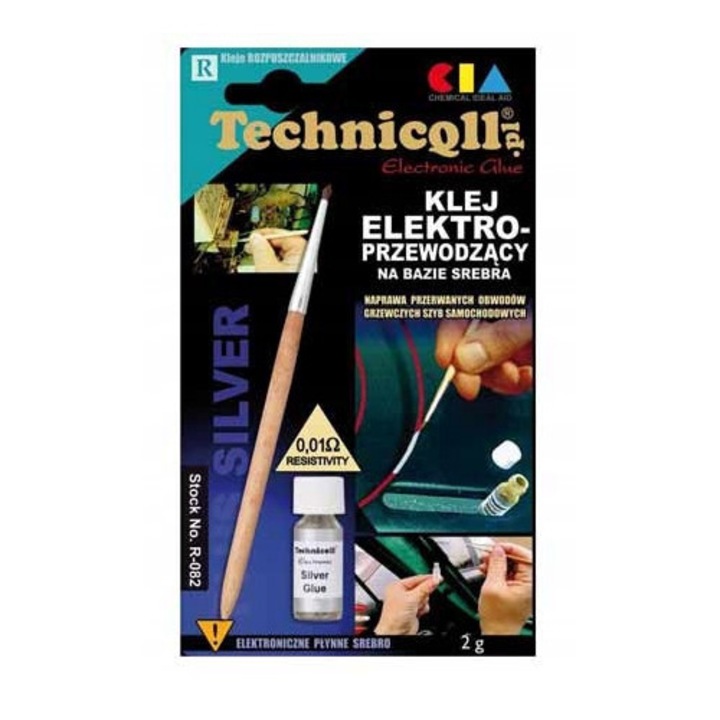 Adeziv conductiv electric TECHNICQLL 2g, continut ridicat de pulberi de argint, rezistenta scazuta