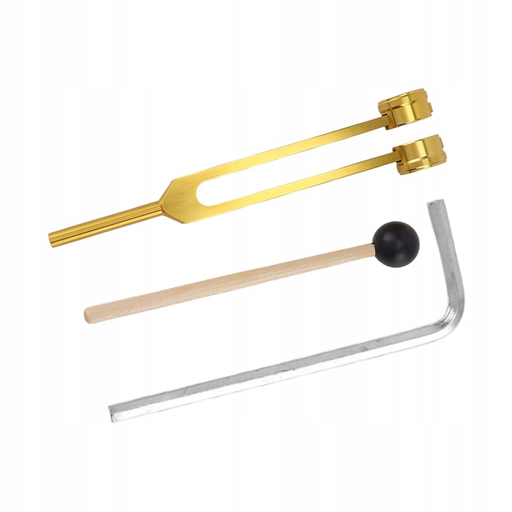 Set de accesorii pentru meditatie, diapazon, 128 Hz, aurie, include ciocan si cheie hexagonala