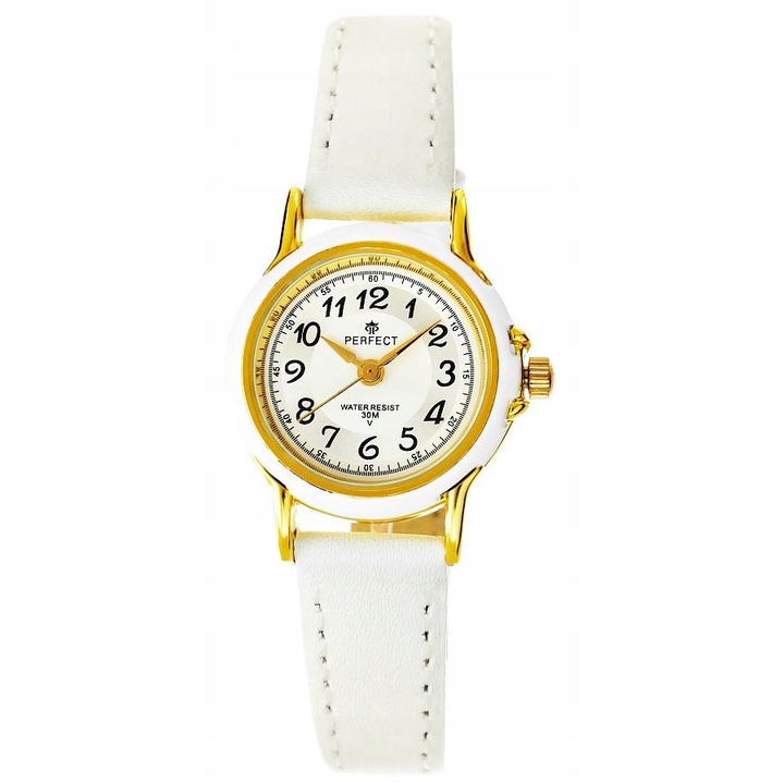 Gyermek karóra Perfect LP284-1, kvarc szerkezet, arany-fehér színű, bőr szíj, méretei 24x19x7,7mm