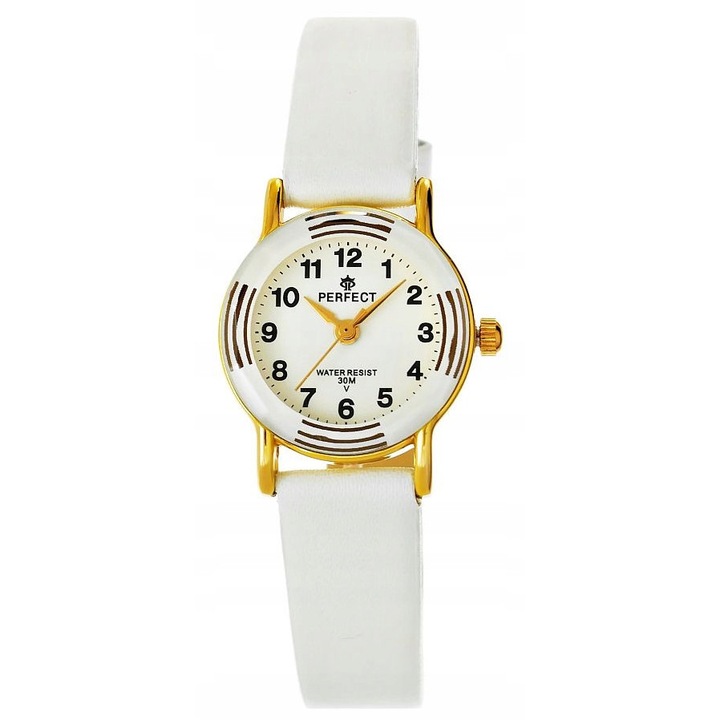 Tökéletes gyermekóra, L248-3, arany színű tokkal, valódi bőr szíjjal, 3 ATM vízálló, méretei 23x16x8,6mm