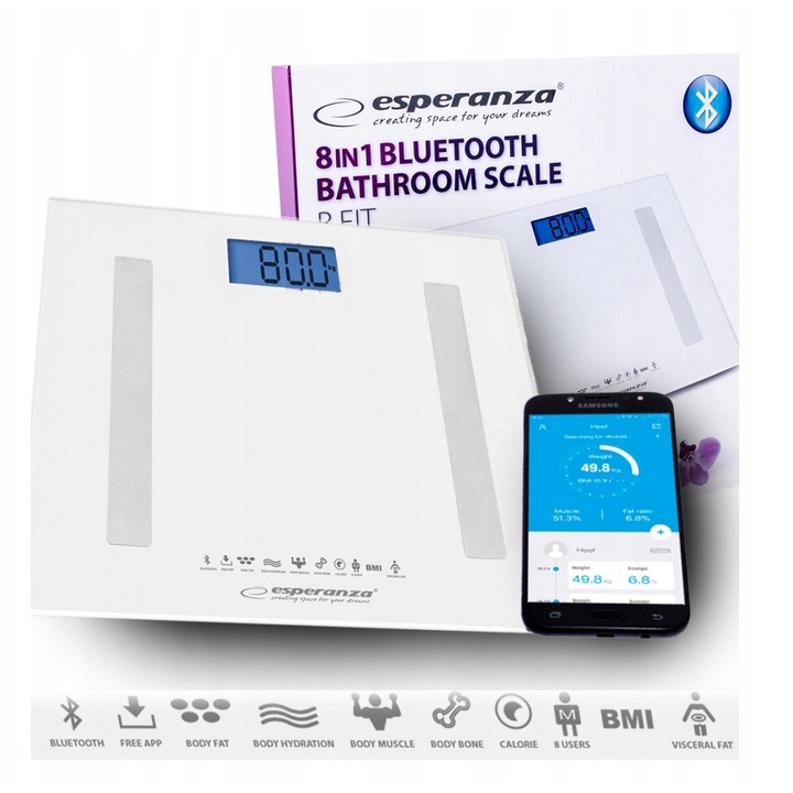Диагностичен кантар за тяло 8w1 Esperanza, анализ на телесния състав, Bluetooth, бял