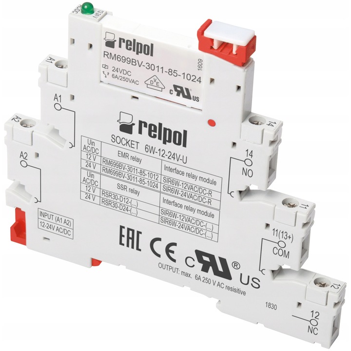 Relpol SIR6W-24VAC/DC-R vékony profilú interfész relé, 1P, 6A, 35mm DIN sínre szerelhető