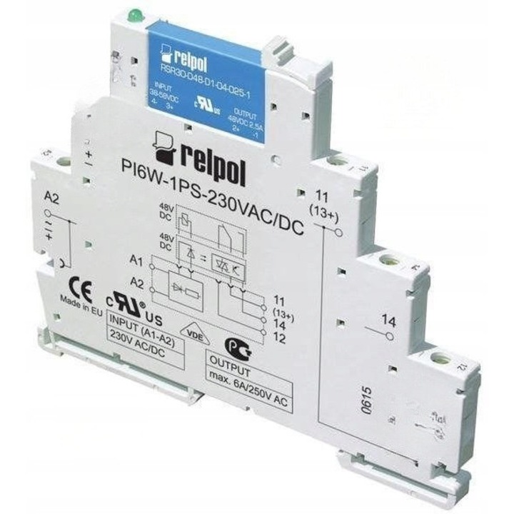 Relpol PIR6W-1PS interfész relé, 1P, 6,2mm, 230V AC/DC, 98,5x6,2x85,5mm
