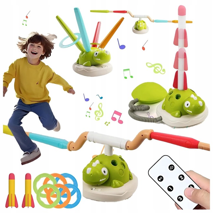 Set sportiv copii 3 in 1, dinozaur cu mingiute, lansator rachete din spuma si coarda de sarit, joc activ pentru interior si exterior, 3 ani+