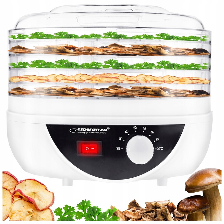 Uscator de alimente, 5 tavite, 250W, alb, pentru ciuperci, fructe, legume, ierburi, peste