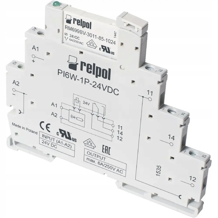 Relpol vékony profilú interfész relé 1P 12V DC, 6.2x85.5x98.5mm, IP20