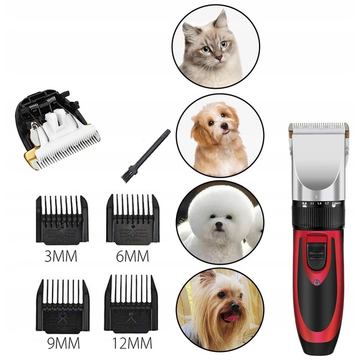 Masini de tuns pentru caini, 35W, rosu-negru, set cu 4 capete de distantare, 1,5m cablu
