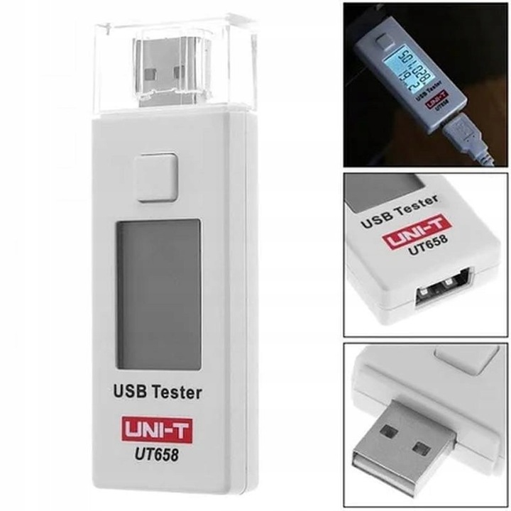 Tester gniazd USB Uni-T UT658, masurare tensiune 3V-9V, curent 0A-3A, display LCD