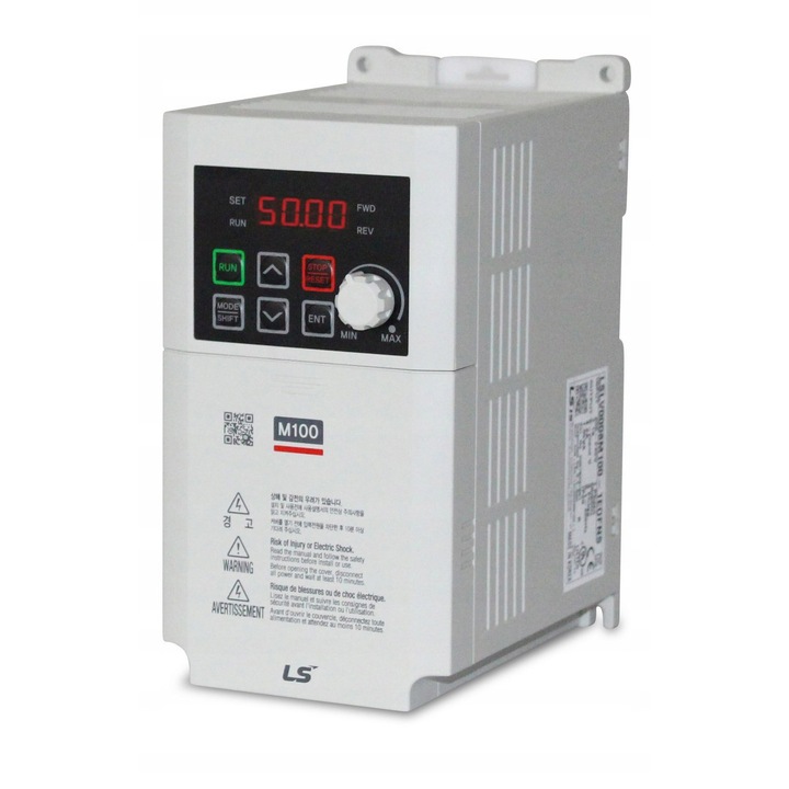 LSIS M100 frekvenciaváltó LSLV0004M100-1EOFNA, 0.4 kW, 1x230V bemenet / 3x230V kimenet, 2.4 A, Modbus RTU/RS485, EMC C2 szűrő, DIN sínre szerelhető, IP20, szürke