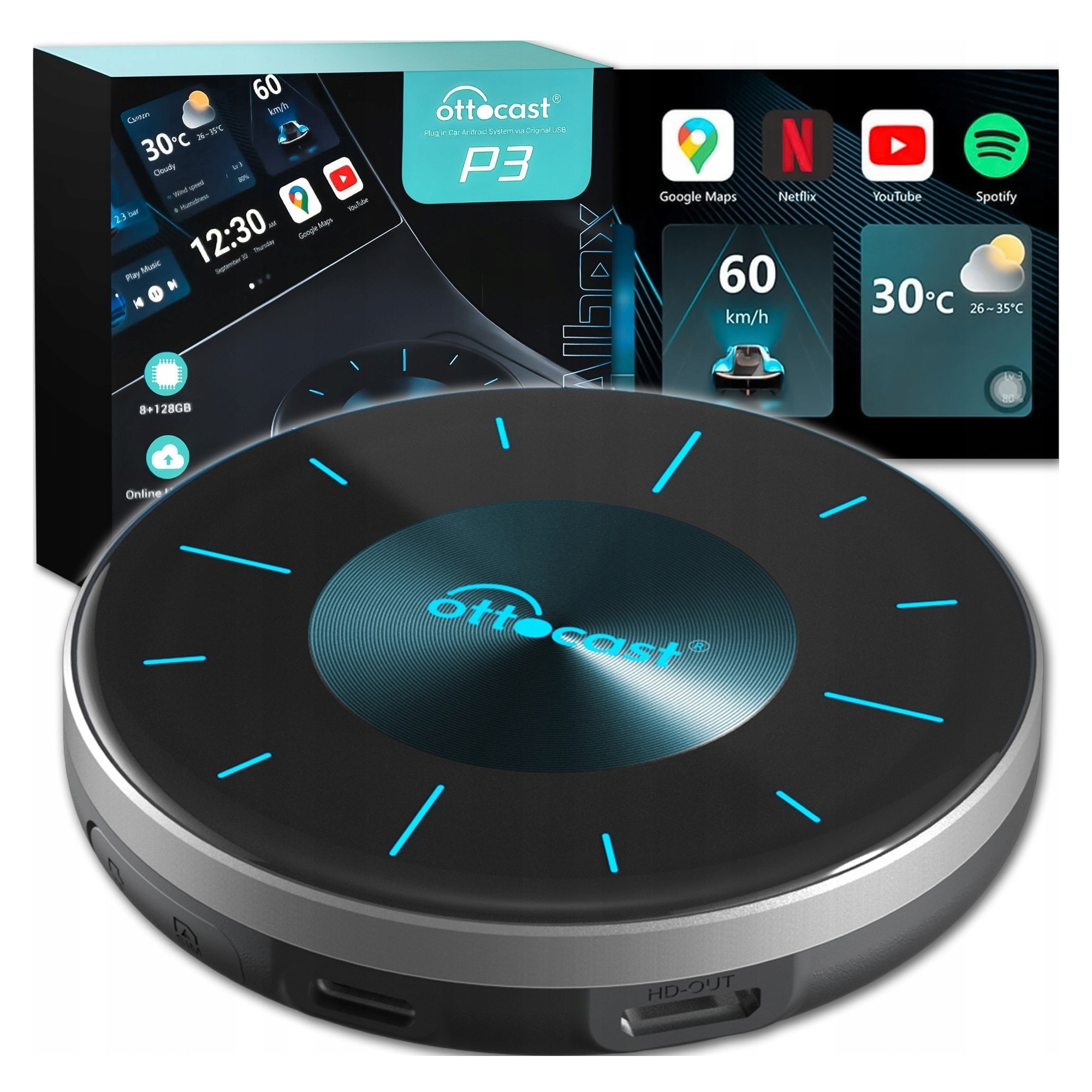 Box AI Ottocast OttoAibox P3 128 GB, CarPlay si Android Auto
