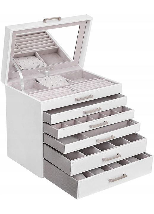 Ékszerdoboz, Songmics, 6 szintes, 5 fiókos, fehér, 31,5x30,5x21,5cm