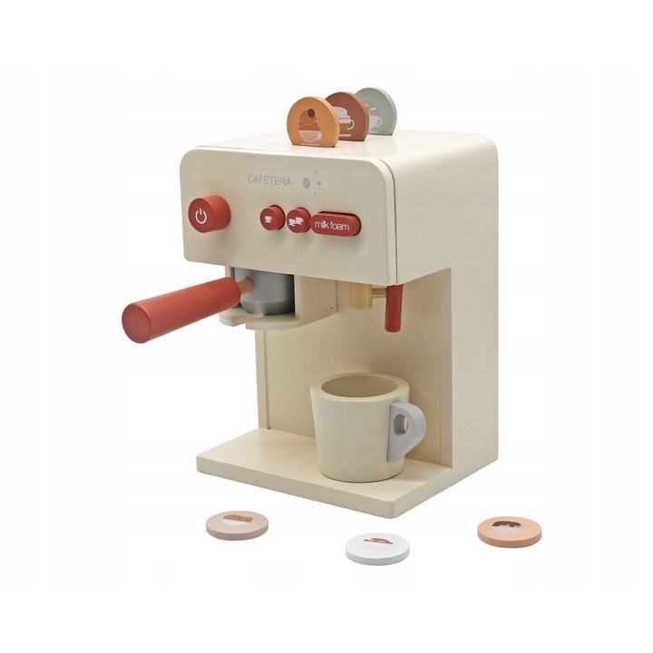 Set de bucatarie pentru copii, Expres de cafea din lemn, accesorii incluse, multicolor