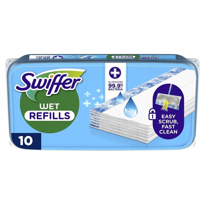 Swiffer WET+ Antibacterial, set 10 rezerve umede din microfibra, curatare eficienta, actiune antibacteriana