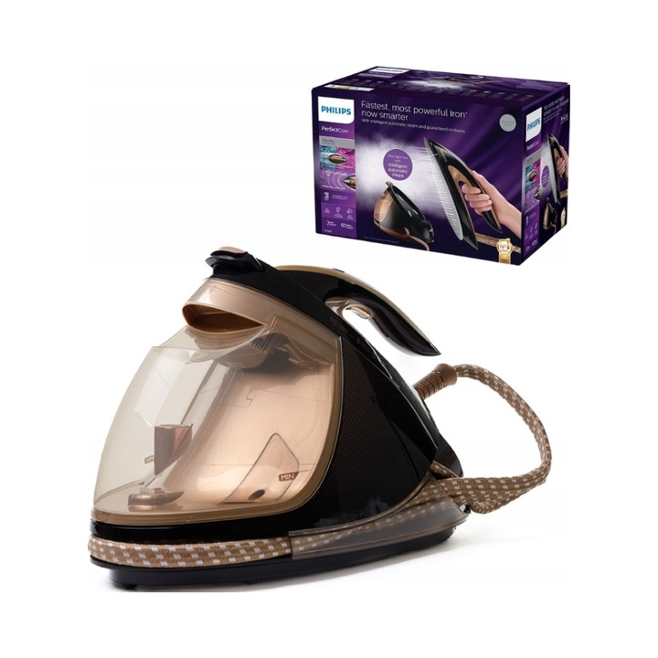 Fier de calcat cu abur Philips GC9682/80, tehnologie OptimalTEMP, 600 g abur, rezervor detasabil, 800 g
