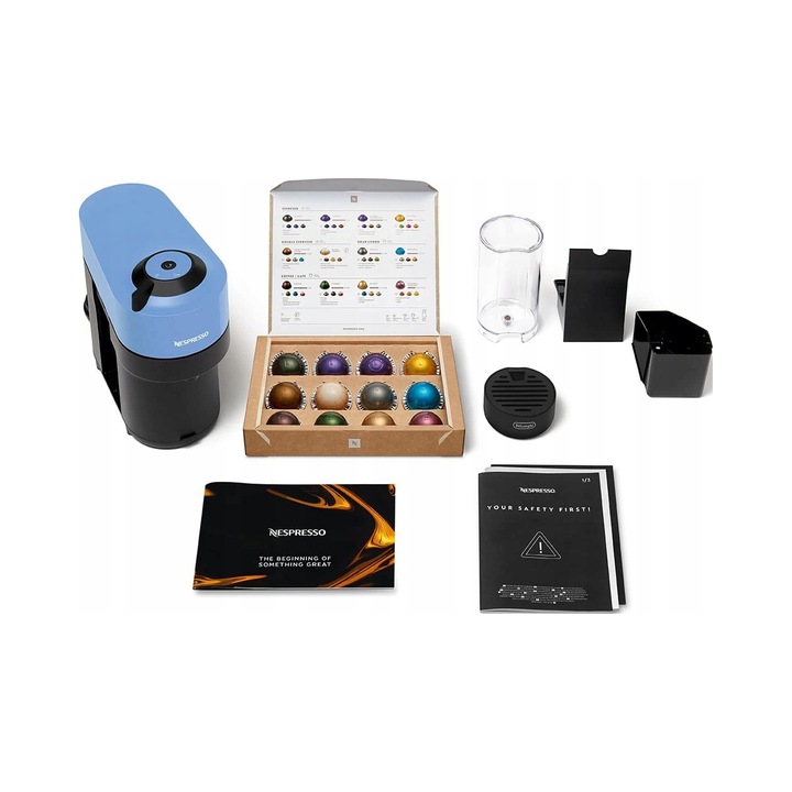 Espressor Nespresso Vertuo Pop ENV90.A, 4 dimensiuni, Pacific Blue, 42.6x13.6x25cm, set cu capsule de bun venit
