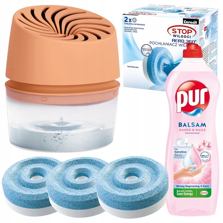 Комплект абсорбатор на влага Ceresit AERO 360 Peach, 3 таблетки, препарат за съдове PUR 750 ml