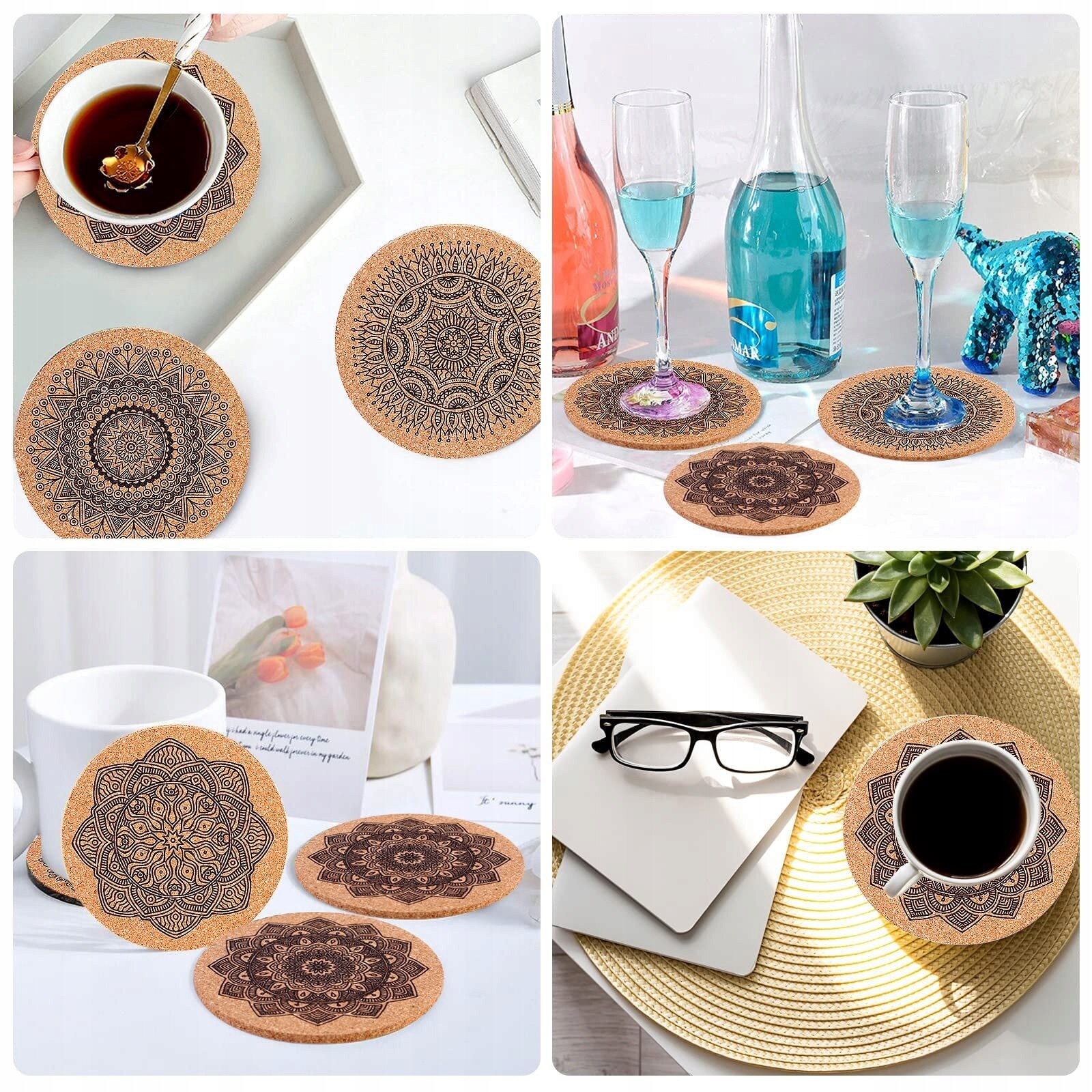 Set 12 suporturi pentru bauturi din pluta, cu design mandala, 10cm, cu ...