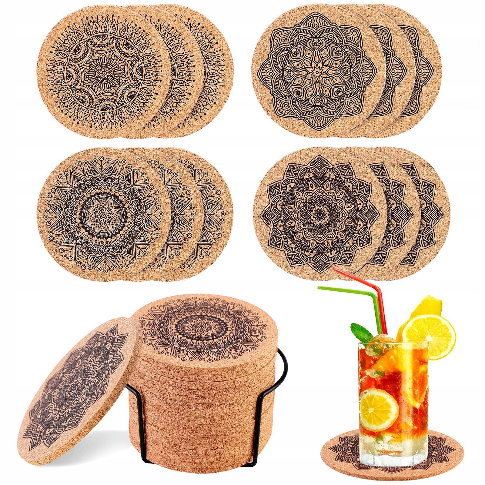 Set 12 suporturi pentru bauturi din pluta, cu design mandala, 10cm, cu ...