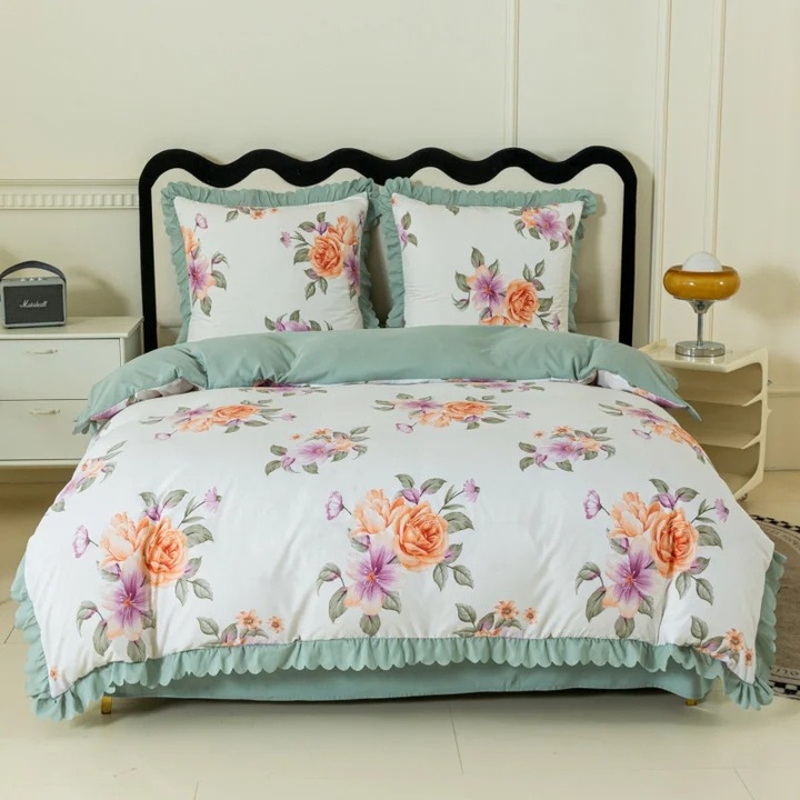 Lenjerie de pat Cotton world, 200x220cm, 2x70x80cm, model flori, verde menta, dubla fata