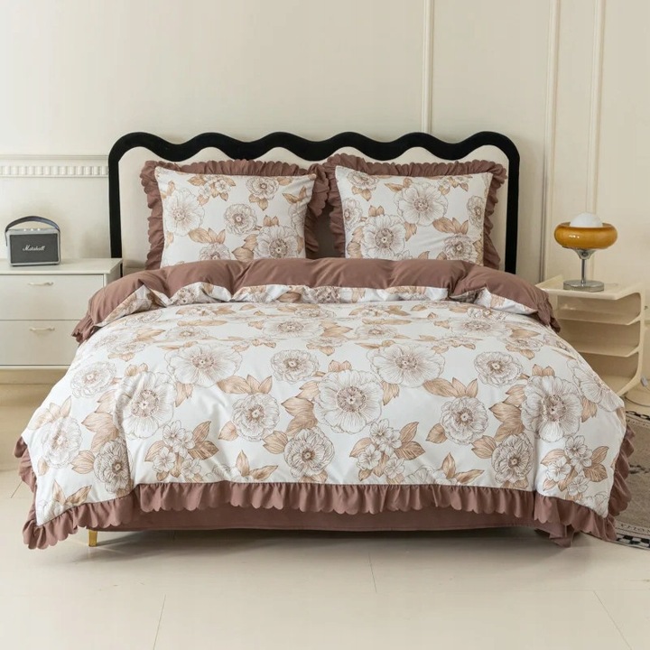 Lenjerie de pat set, Cotton world, 160x200cm, 2x70x80cm, flori bej si maro, 100% microfibra