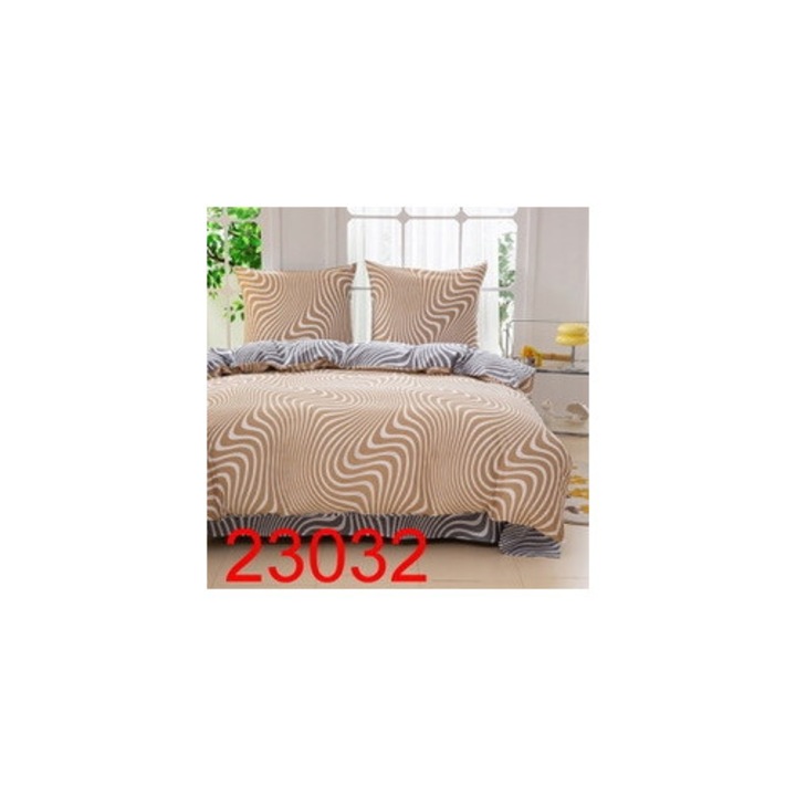 Lenjerie de pat 220x200 + 2x 70x80 cm, Cotton world, bumbac satinat, galben cu dungi albe si gri cu dungi albe, set