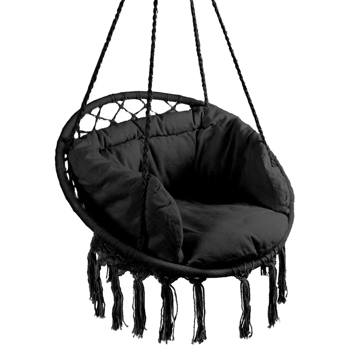 Kerek függő hintaszék "Confort Plus" párnával, otthonra vagy kertbe, fekete