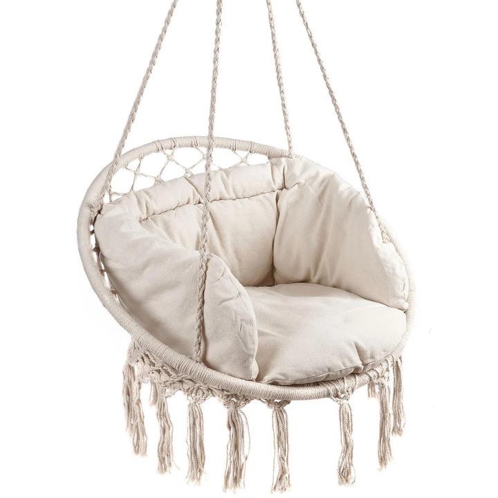 Kerek függő hintaszék Confort Plus párnával, otthoni vagy kerti használatra, bézs
