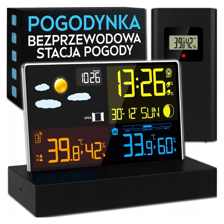 Statie meteo, wireless, termometru/higrometru/barometru, senzor extern 433,92 MHz, sincronizare ceas radio DCF, LCD color, Negru