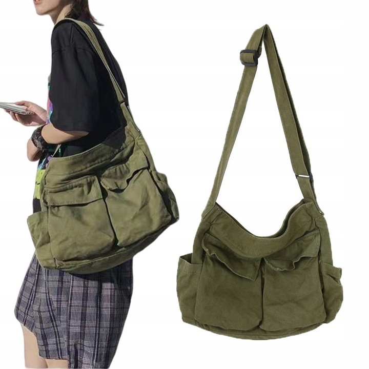 Geanta crossbody pentru femei, verde, dimensiuni 34x15x40cm, din panza, cu fermoar, utilizare zilnica.