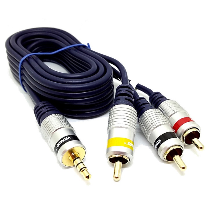 JACK 3.5mm 4 tűs - 3 RCA audio kábel, 1.5m, Vitalco, fém, aranyozott