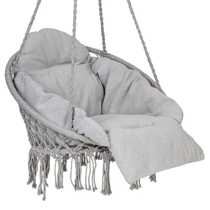 Scaun rotund tip leagan suspendat cu perna Confort Plus, casa sau gradina, gri