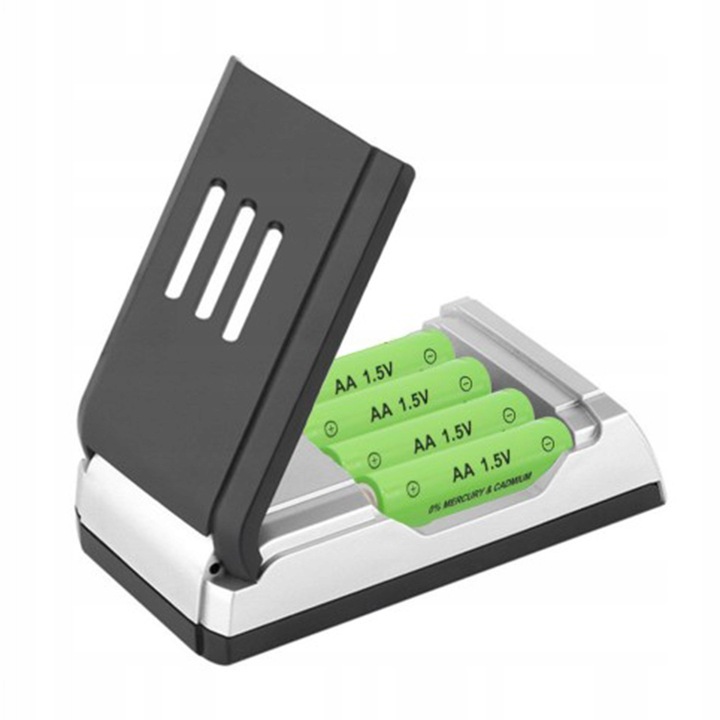 Incarcator rapid pentru acumulatori AA si AAA, functie de regenerare, protectie la suprasarcina, argintiu-negru, 11,5x6,6x3cm, set complet.