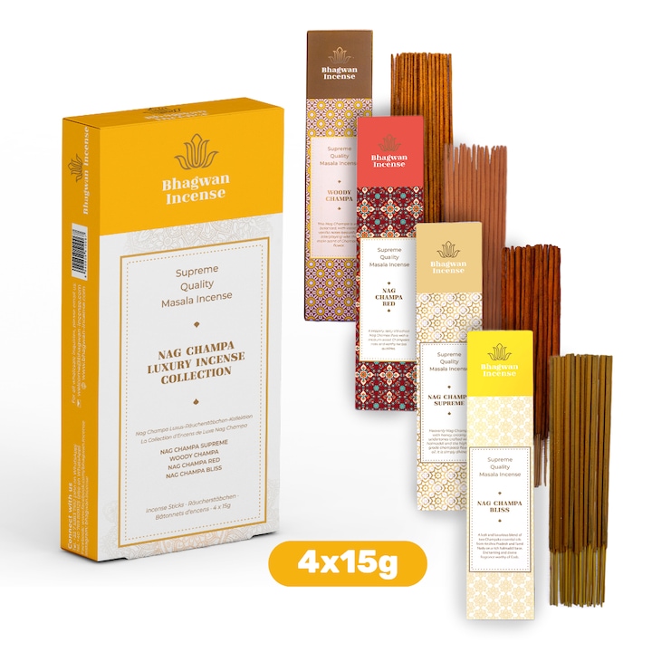 Betisoare parfumate, Bhagwan Incense, Colectie de Lux Nag Champa 4 x 15g, masala naturale premium, cadou perfect, greutate neta totala 60g