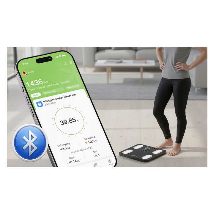 Кантар за тяло Electo, анализира 13 параметъра, Bluetooth, черен, 30x30см