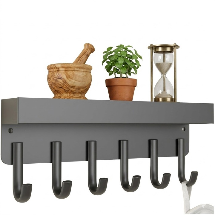 Suport de perete pentru chei si haine Ruhhy, cu raft si 6 carlige, design minimalist loft, 5 x 8.5 x 24.5 cm, negru