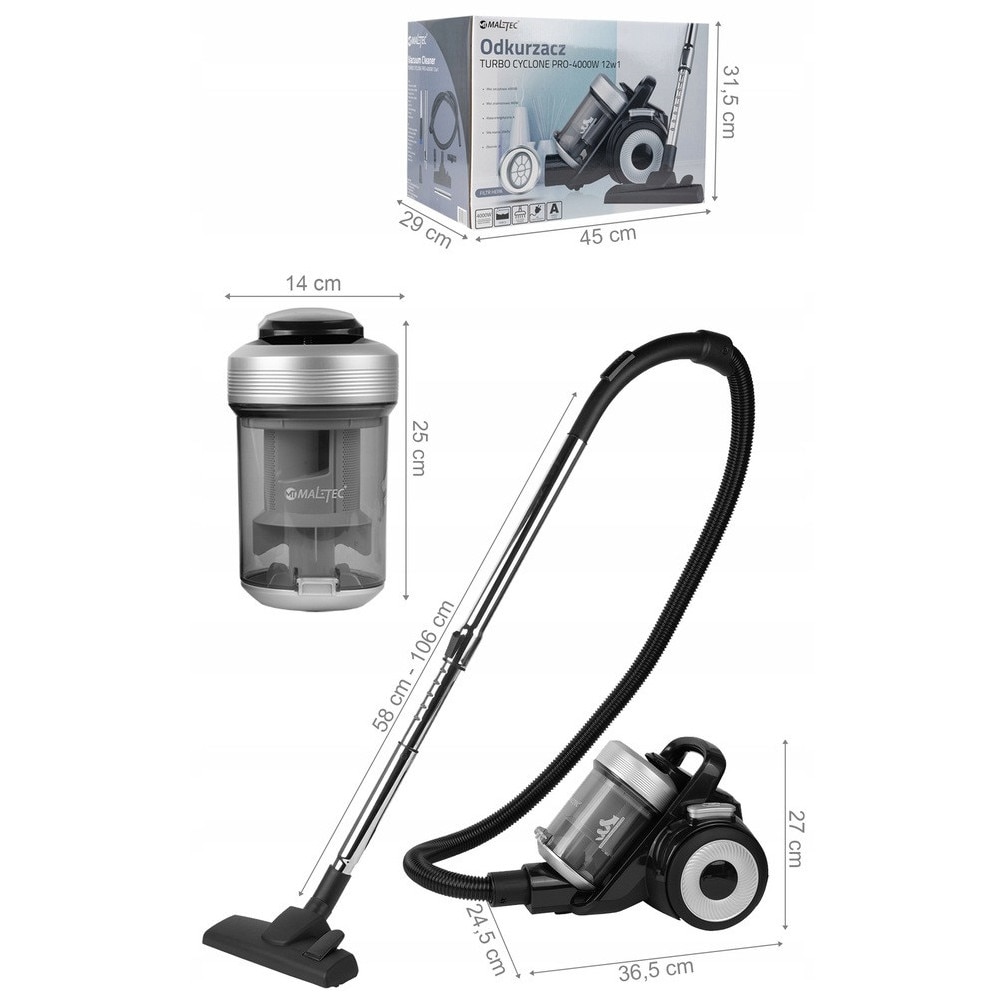 Aspirator fara sac MalTec Turbo Cyclone Pro 4000W, tehnologie ciclonica, filtru HEPA, capacitate 2L, set complet de accesorii
