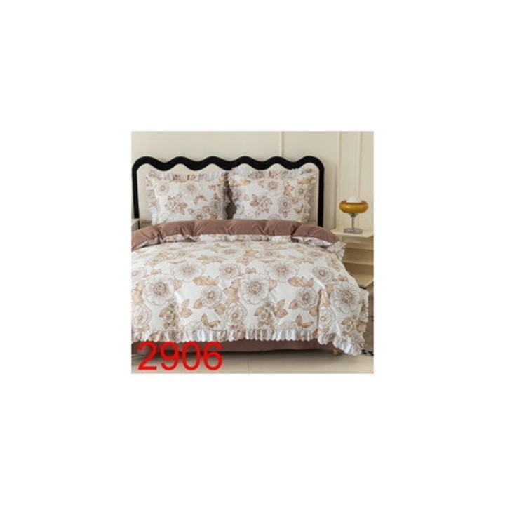Lenjerie de pat Cotton world, 160x200cm, 2x70x80cm, crem, mocha mousse, flori desenate, cu volanase