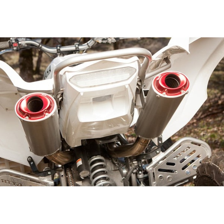 Цялостна двойна изпускателна система BIG GUN за ATV Yamaha Raptor 700, неръждаема стомана, алуминиеви капачки, неодобрена