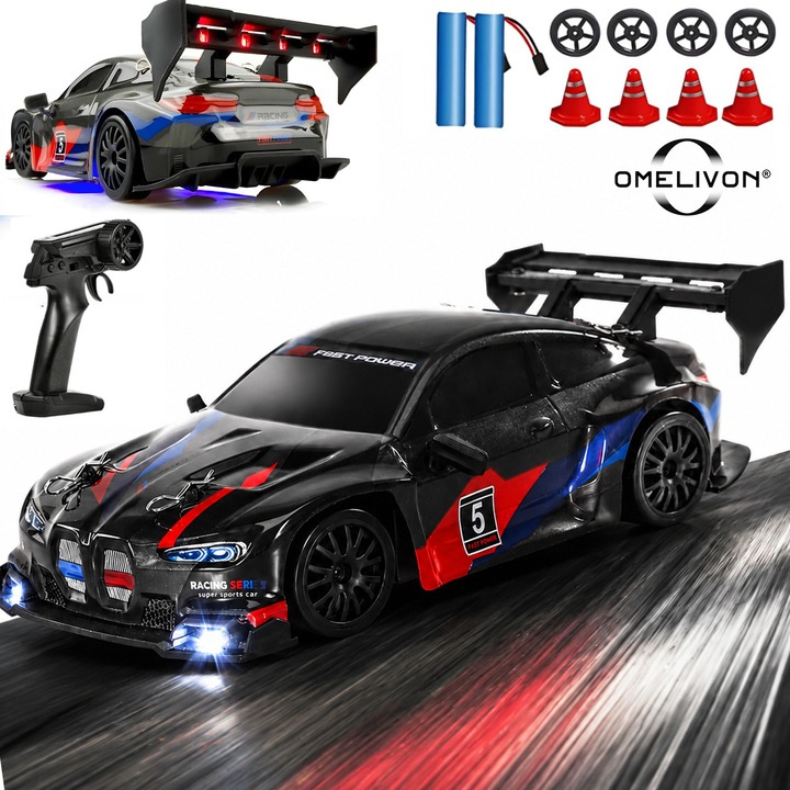 RC кола с дистанционно управление Omelivon, 1:24, 2 батерии, Черна