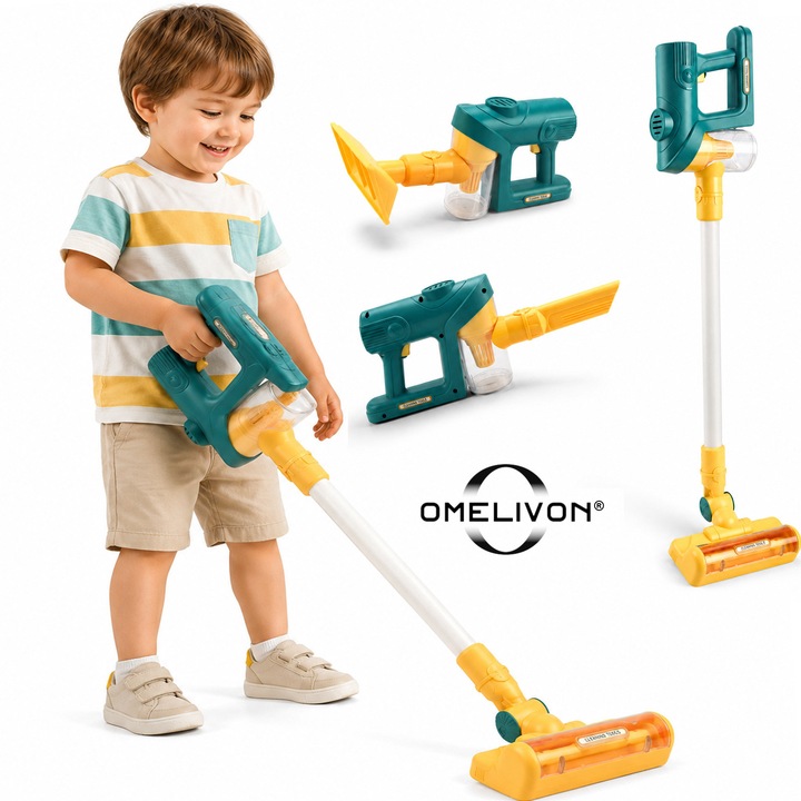 Omelivon® játék porszívó szett gyerekeknek, 3 az 1-ben játék porszívó szett, takarító játék szett kisgyermekeknek, valósághű szívó funkció, 3 cserélhető fej, portartály, biztonságos és minőségi anyagok, 3 év+, 76cm, zöld
