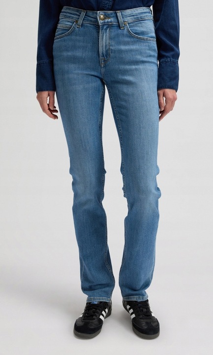 Blugi dama Lee Marion Straight, albastru, denim elastic, talie medie, cu eticheta logo
