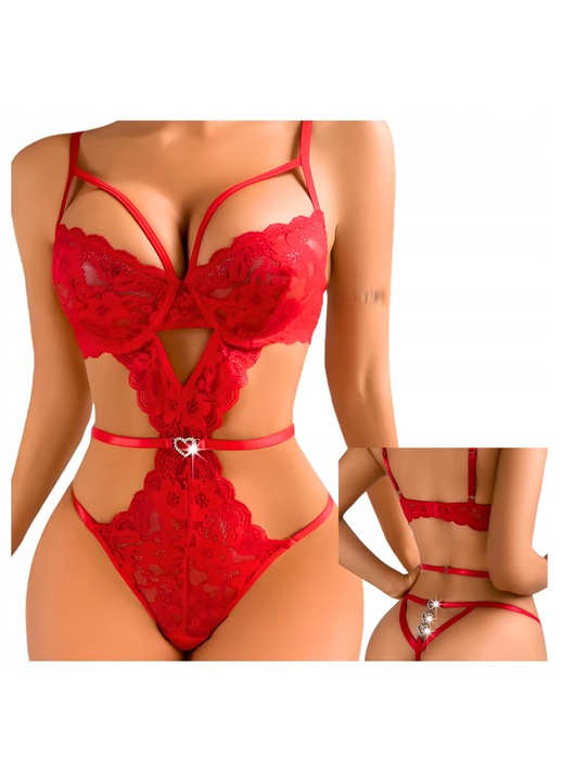 EROCHIC Body piros csipkéből, dekoratív részletekkel, elegáns fehérnemű szett, S-M nemzetközi méret