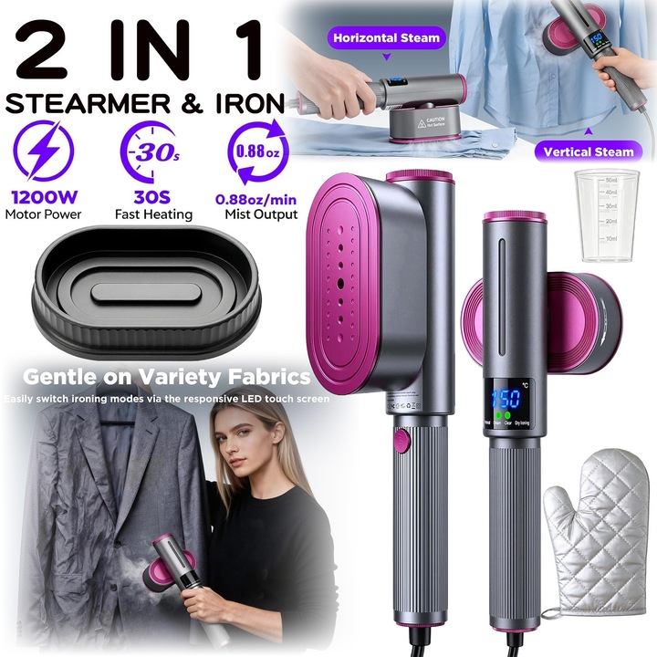 Fier de calcat cu aburi, Fain Mioritic®, 1200 wati, calcat vertical/orizontal, ecran LCD, rezervor de apa de 100ML, umed si uscat, include manusi de protectie si baza anti-ardere, design portabil