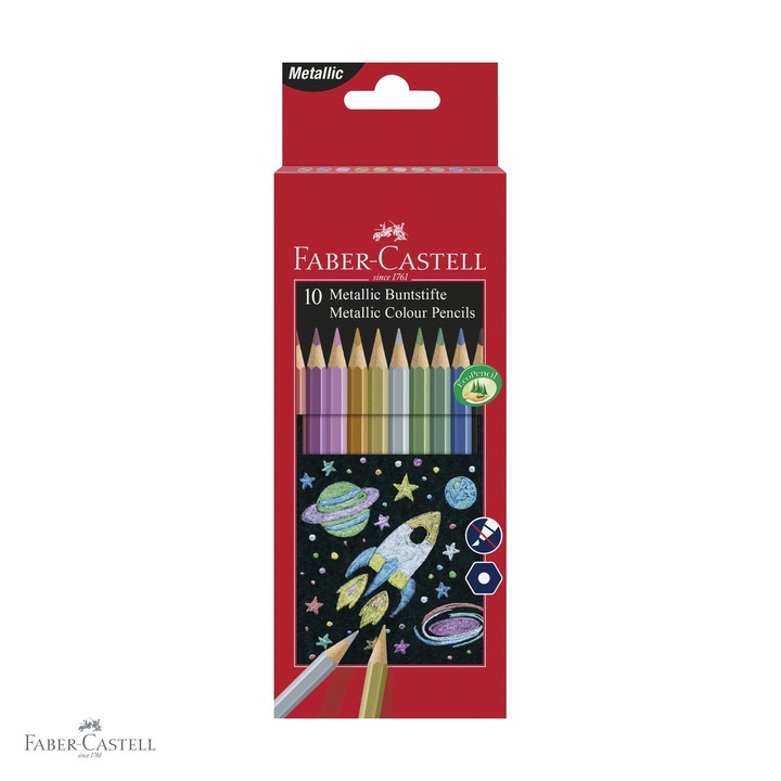 Set 10 creioane colorate metalizate Faber-Castell, culori stralucitoare, pentru hartie inchisa la culoare