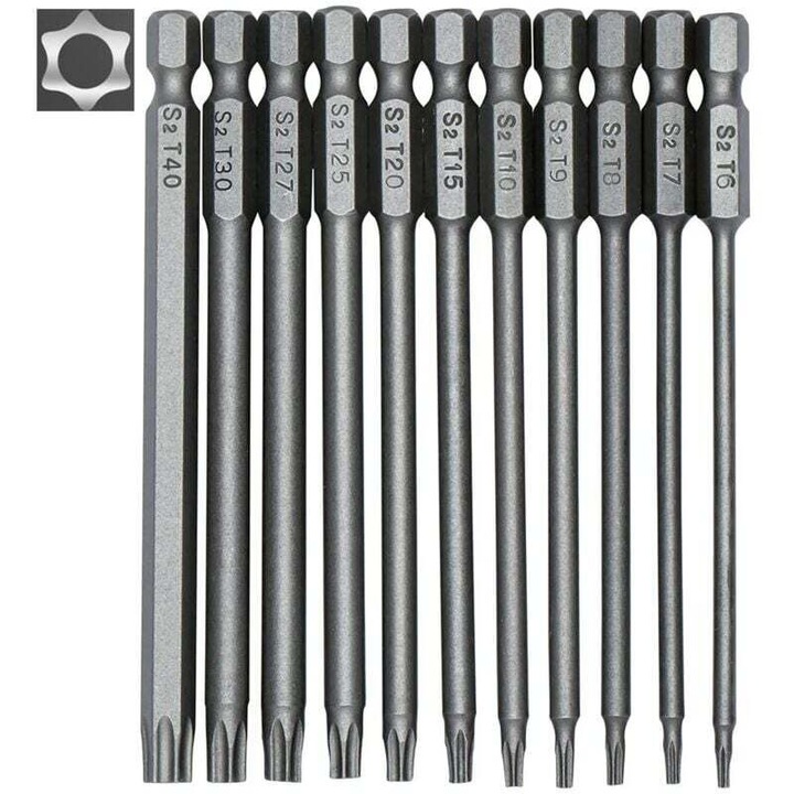 Torx bit készlet, 11 db, S2, 100 mm hosszúságú, mágneses, 1/4" (6.35 mm) hatlapú szár, T6-T40, Szürke