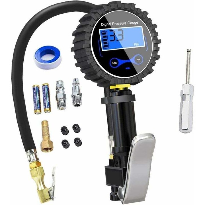 Manometru digital pentru umflarea anvelopelor digital 3 in 1, 0-250 PSI, valve de decompresie, set de clips rapide
