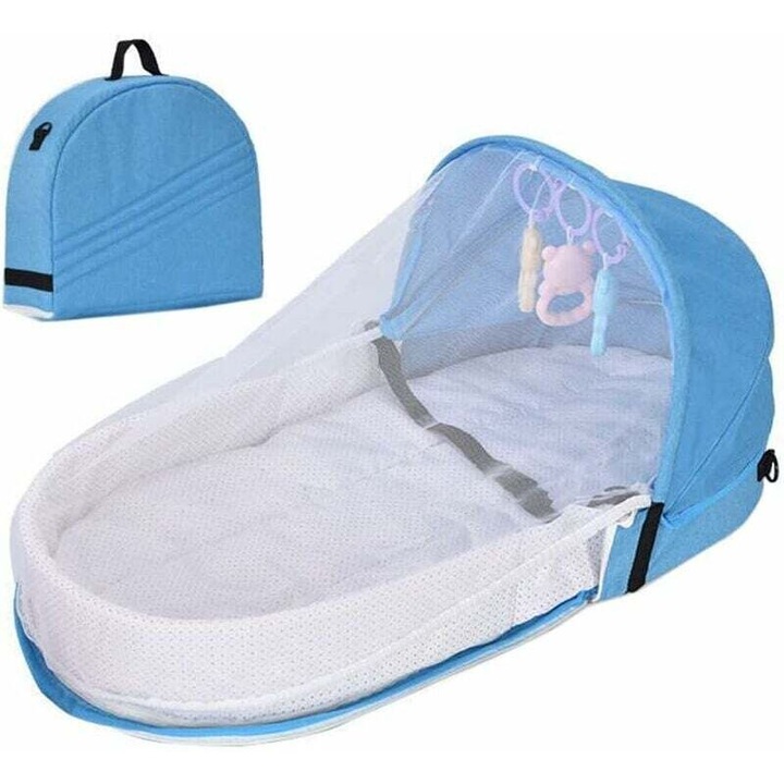 Patut de calatorie pentru bebelusi, pliabil, cu auvent, din in si bumbac, 92x45x14cm, lavabil, cu jucarii inclusa