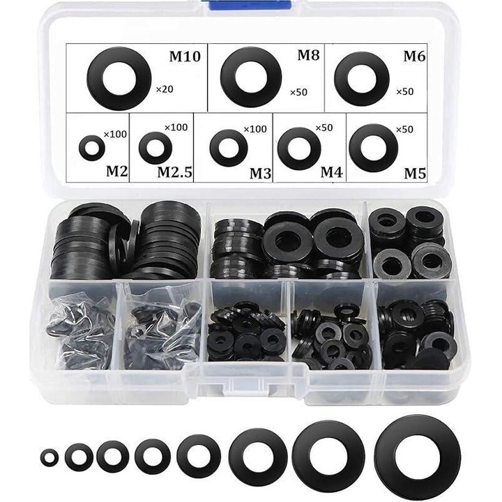 Set rondelle nylon 520 bucati M2-M10, rezistent la abraziune, compact, negru